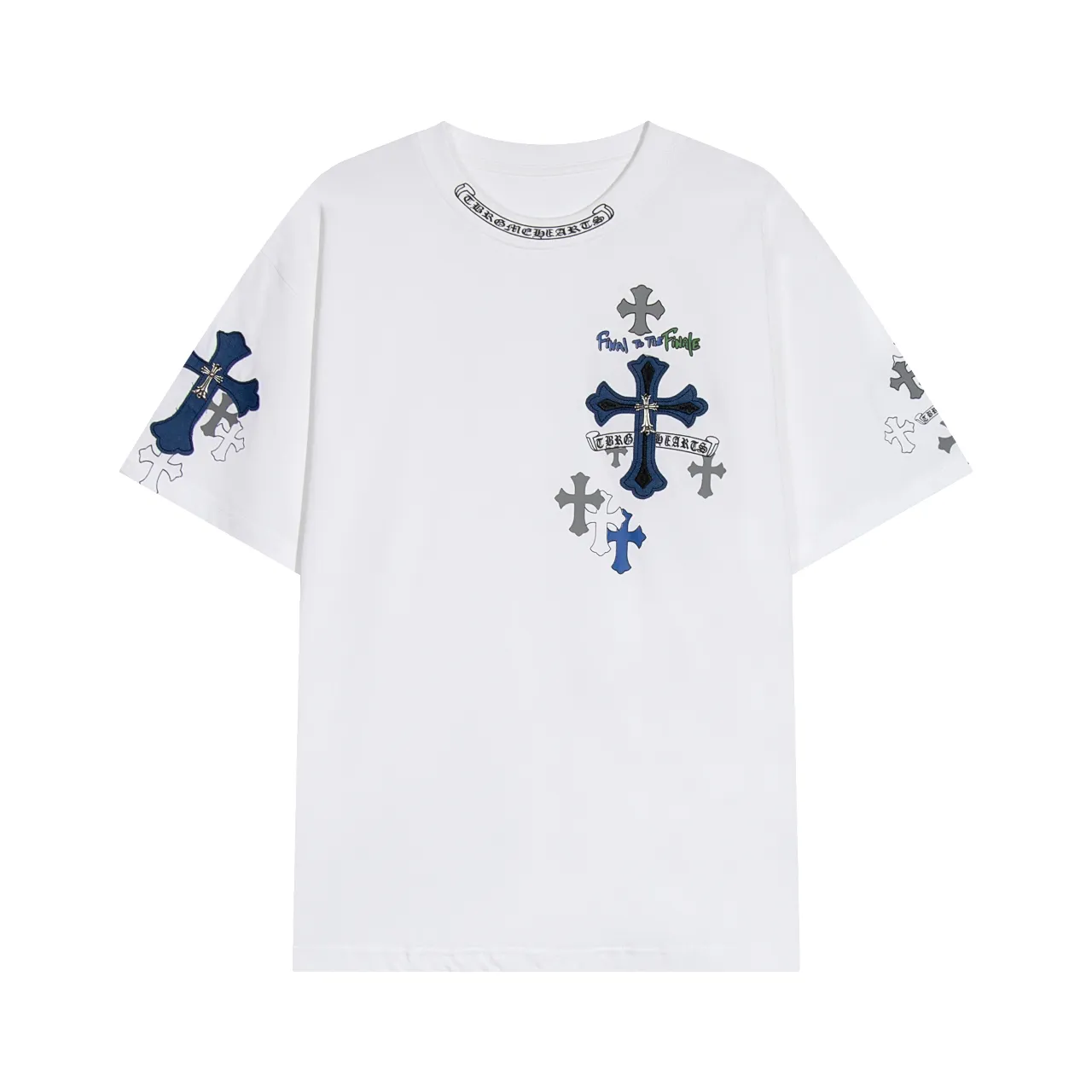 P170 Chrome Hearts Chrome Hearts Cross Metallic Denim Splicing Short Sleeves Size: SMLXL Color: White Black